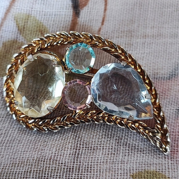 Paisley Faceted Acrylic Pale Pastel Stones Prong Set Vintage Gold Tone Faded - Picture 8 of 10
